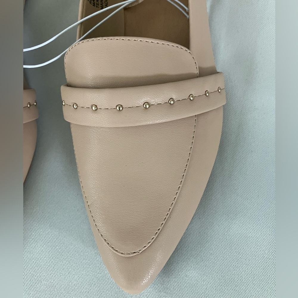 Report beige loafers featuring a pointed toe and studded strap detail NWT 81/2